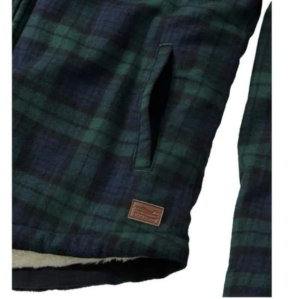 LL Bean Scotch Plaid Flannel Shirt Sherpa Lined Zip Hoodie Jacket Blue Green S - Image 4