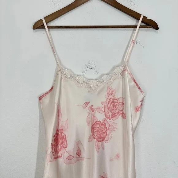 Vintage Floral Pink Lace Trim Satin Slip Nightgown Private Luxury Fairycore - Image 2
