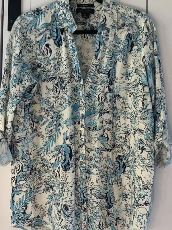 Tahari Womens 100% Linen Shirt Tropical Bird Print Button Up Coastal Resort - Image 3