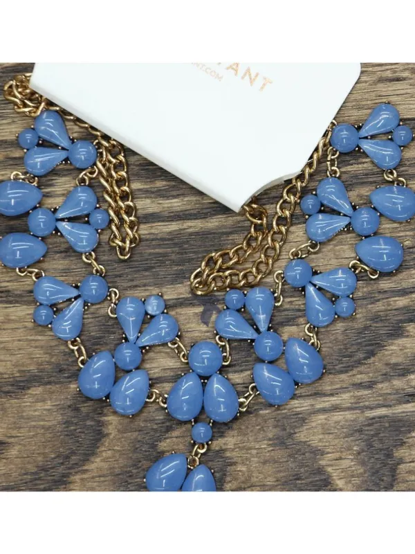NWT Lane Bryant Floral Bib Statement Necklace Gold / Blue 17.5" + 3" - Image 2