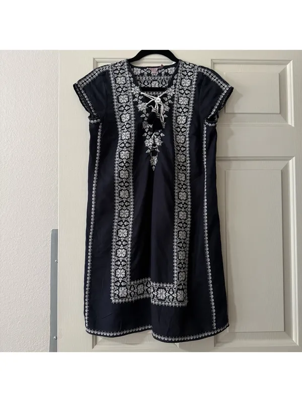 Calypso St. Barth 100% Linen Navy Blue White Embroidered Shift Dress Mini Small - Image 12