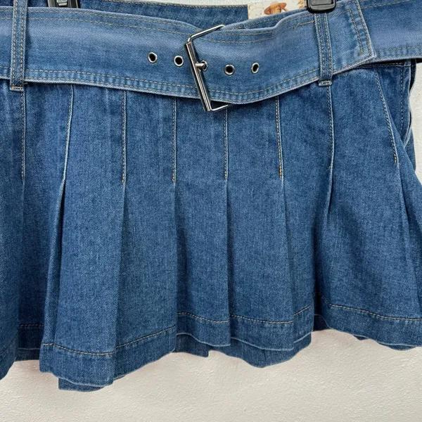 Sincerely Jules Skirt Womens XL Blue Pleated Denim Micro Mini Built-In Belt - Image 4