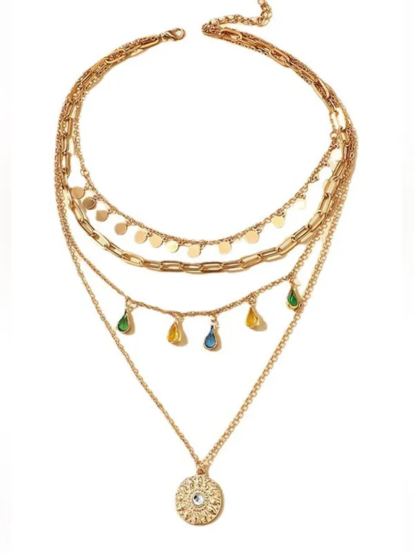 Gold Tone Layered Link Chain Necklace Sun Round Charm Clear Stone Lobster - Image 8