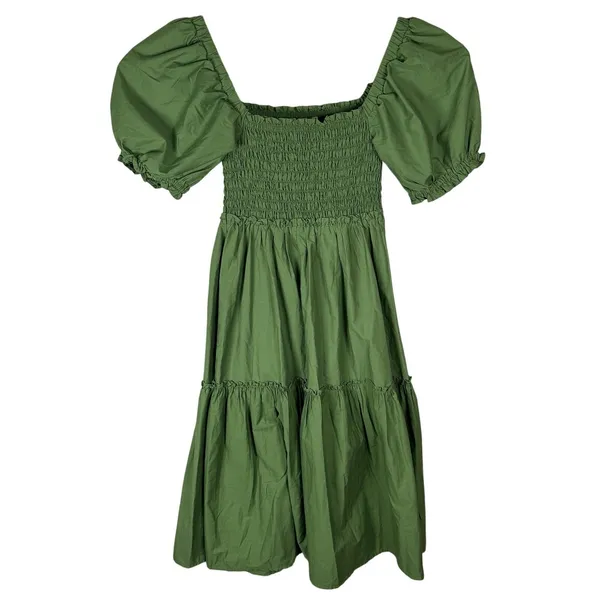 Abercrombie & Fitch Midi Dress‎ Medium Green Smocked Puff Sleeve Prairie Tiered - Image 4