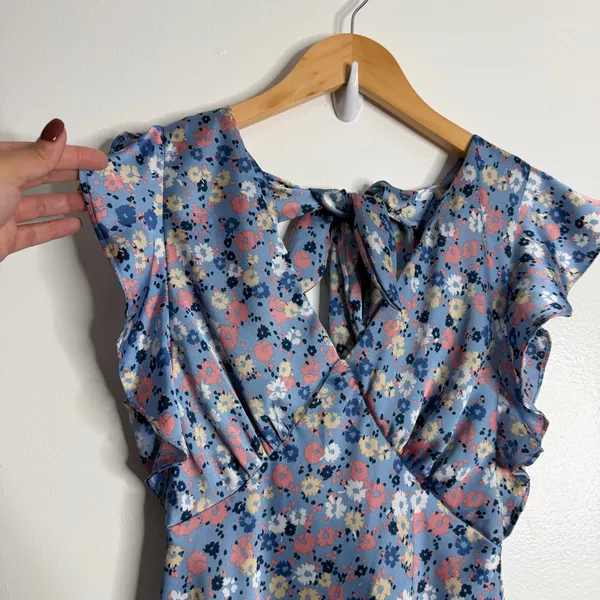 NWT Altar'd State Blue Floral Dress Silky Feel Flutter Sleeves Medium Romantic‎ - Image 7