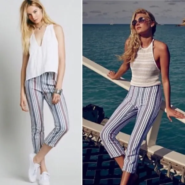 Free People‎ Mod Blue & Red Stripe Linen Crop Pants 2 - Image 2