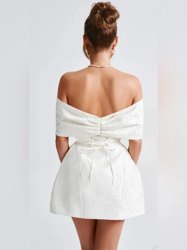 Babyboo Raquel mini dress White Off-Shoulder Bow Jacquard Mini Dress - Image 4