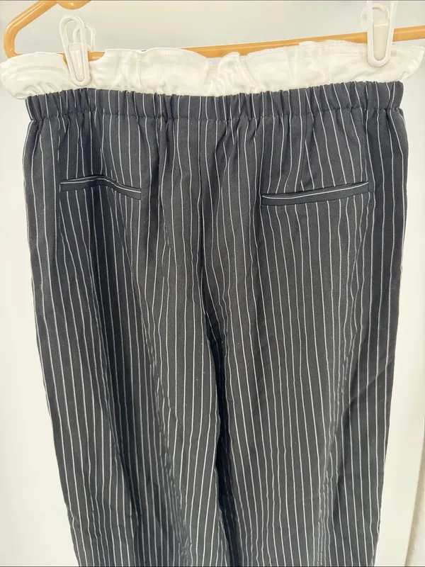 JODIFL Black Pinstripe Elastic-Waist pull on ruffle wide leg Trousers S preppy - Image 2