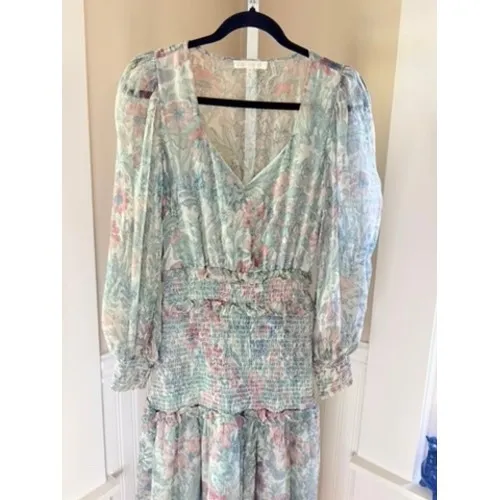 LoveShackFancy Floral Smocked Waist Tiered Midi Dress Sage Green XS - Image 10