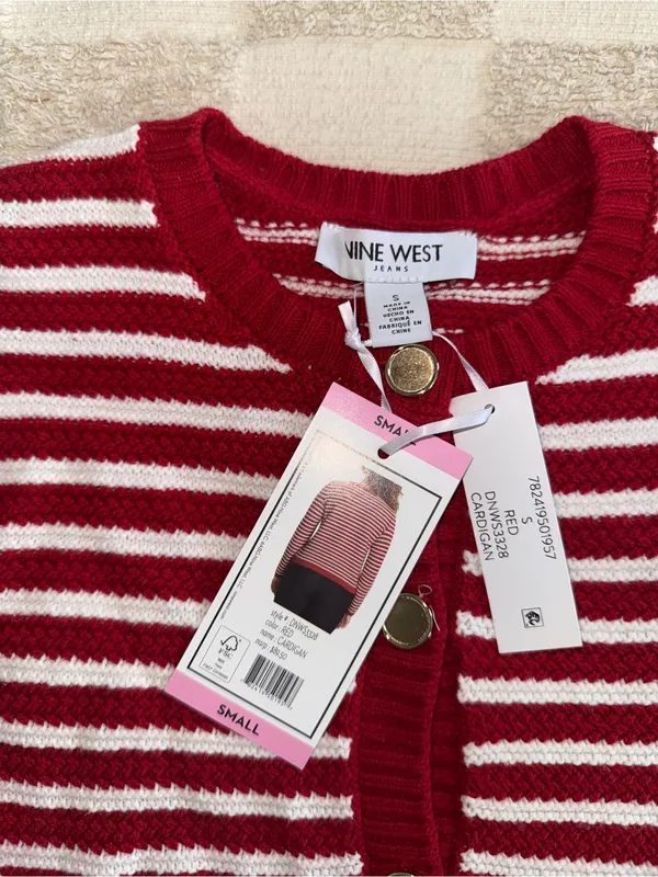 NWT Nine West Red and White Striped Button-Front Cardigan size Small - Image 2
