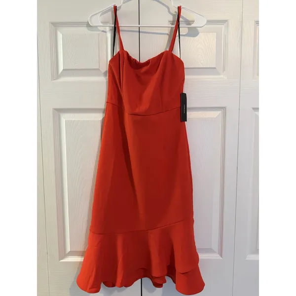 Lulus Irresistible Ways Red Orange Ruffled Midi Dress | Medium New with Tags - Image 3