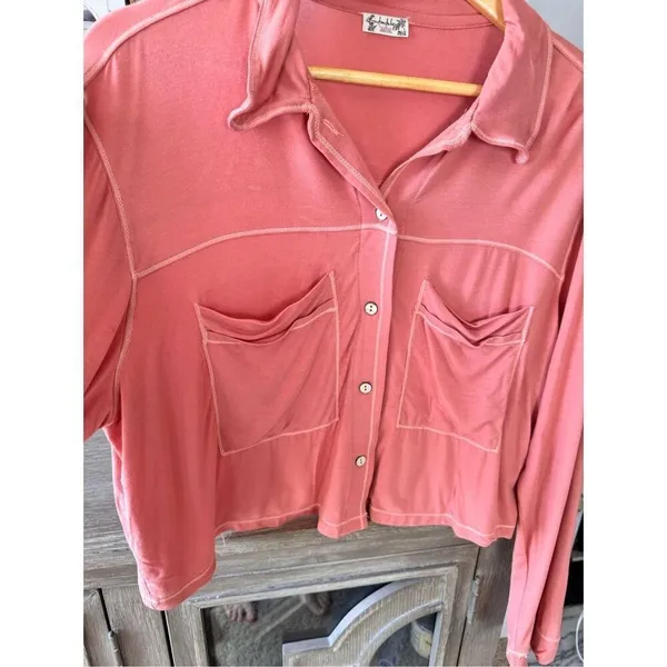 Free People Intimately‎ PJ Button Down Top Womens Pink Medium (T1) - Image 4