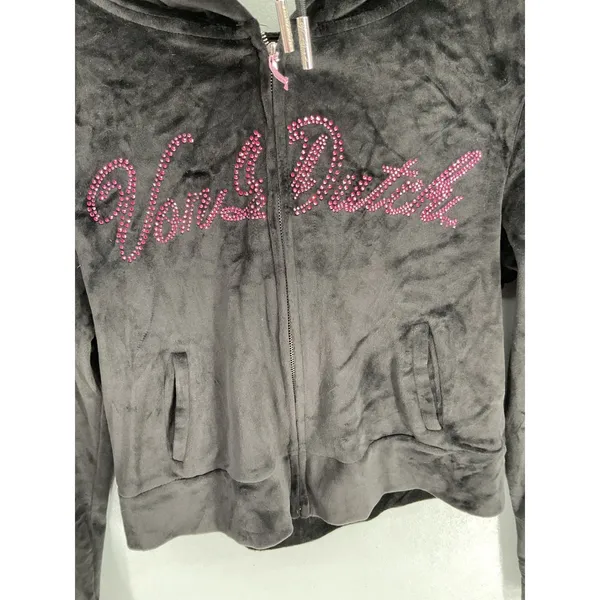 Von Dutch Women Hoodie Black Velour Pink Rhinestone Logo Medium - Image 3
