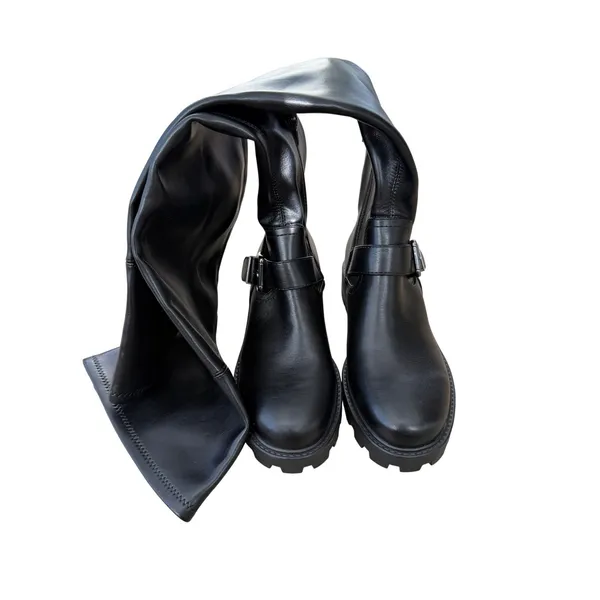 Marc fisher LTD Over The Knee Lug Sole Moto Boots Black Buckle Size 5.5 Side Zip - Image 4