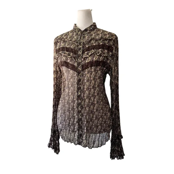 Vintage ‘00s Apt. 9 Sheer Brown Floral Print Accordion Pleat Long Sleeve Blouse - Image 3