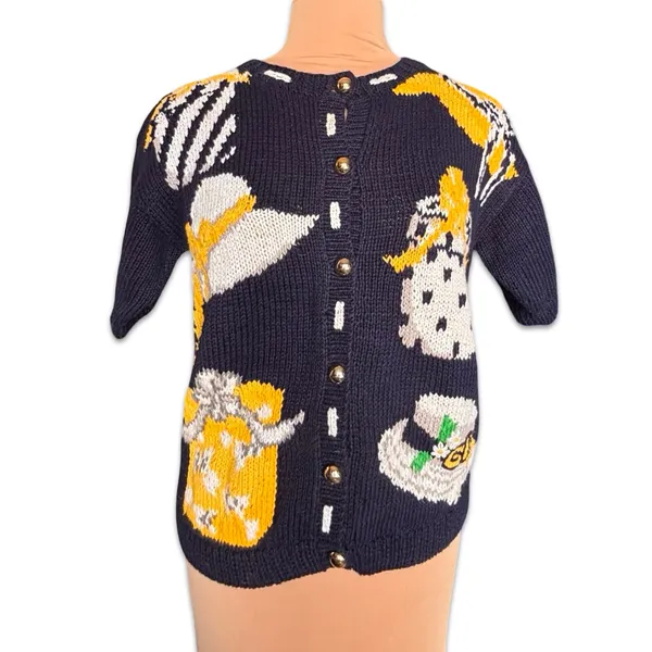 Vintage Eagles Eye Hat Motif Knit Cardigan Navy Yellow‎ Small Whimsical Cottage - Image 13