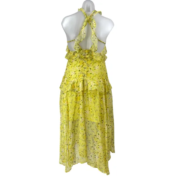 Aqua Yellow Floral Ruffled Silk Sleeveless Halter Neck Zip Midi A-Line Dress M - Image 2