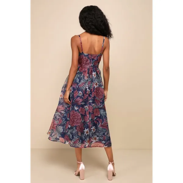 NWT Lulus Cherished Aura Navy Blue Floral Organza Bustier Midi Dress Sundress L - Image 3