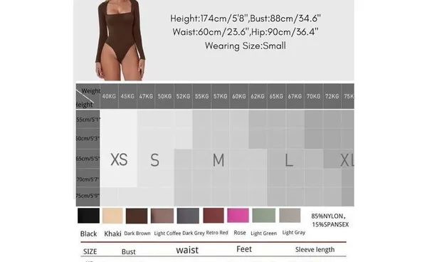 NEW QINSEN Square Neck Bodysuit Long Sleeve Double Lined L - Image 6