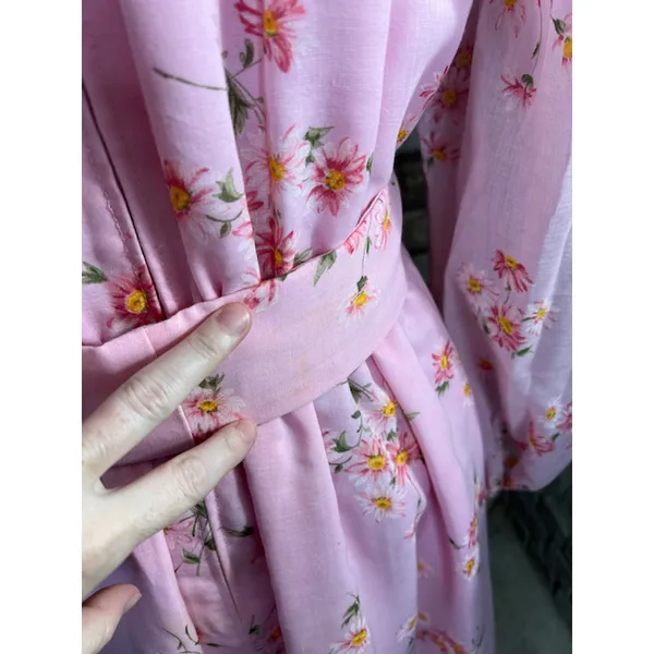 formal dress prom maxi pink floral sheer sleeves pink orange 1970s - Image 13