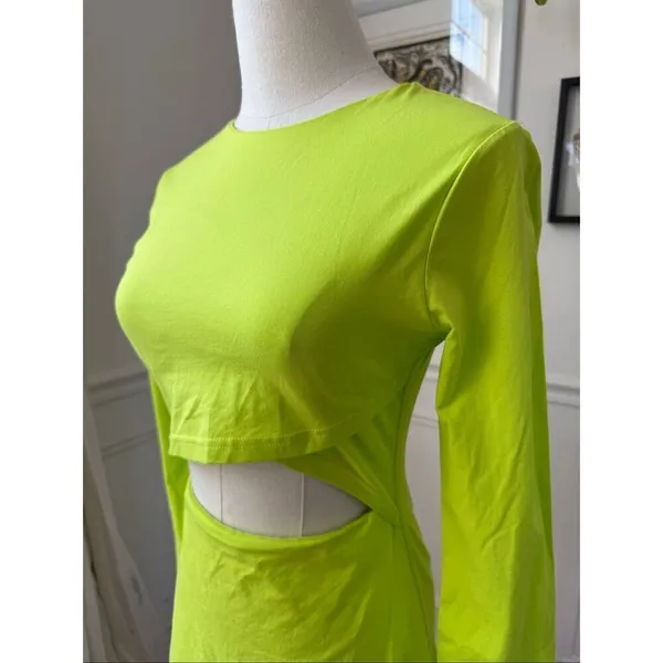 Superdown Kierra Mini Dress Neon Lime Long Sleeve Cut Out BodyCon S - Image 8