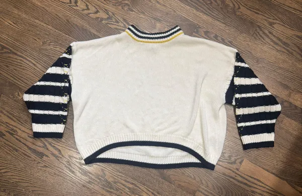 Top shop oversized puff striped sleeve mock neck cable knit sweater medium - Image 3