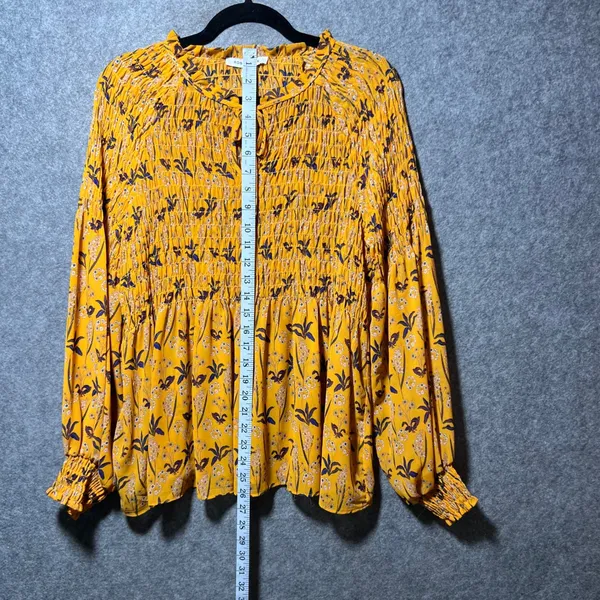 Rose + Olive‎ Mustard Yellow Floral Smocked Peplum Sheer Blouse Long Sleeve M - Image 3
