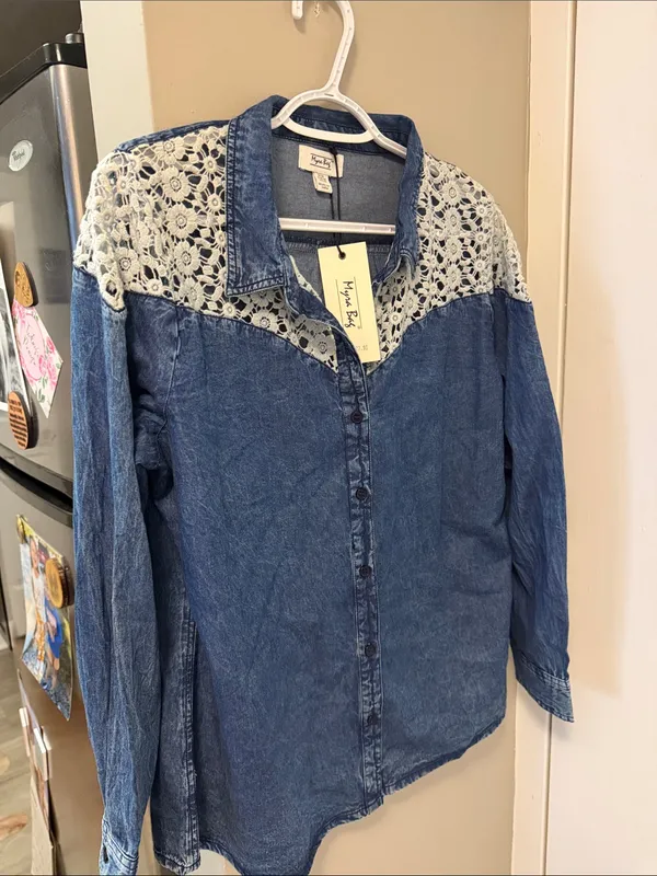 Myra Denim & Crochet Lace Western Button-Down Shirt - L Texas Nashville rodeo - Image 4