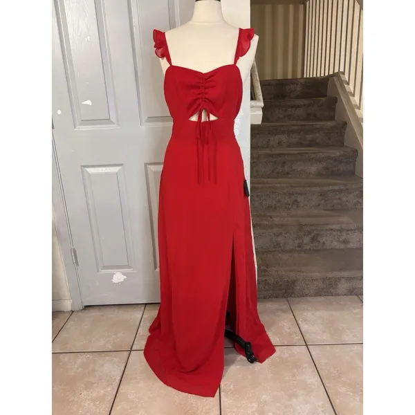 Lulus Women’s Ruffles Front String Side Slit Maxi Dress NWT XL Red Formal Prom - Image 13