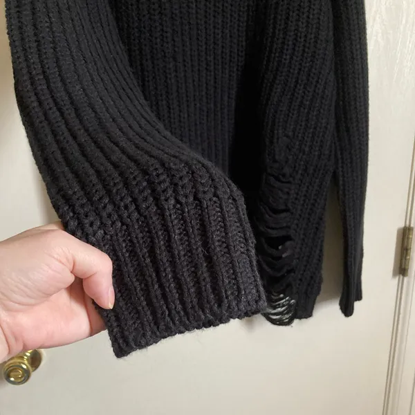 Ardene Black Rib Knit Distressed Ripped Hem Long Sleeve Sweater #Br - Image 7