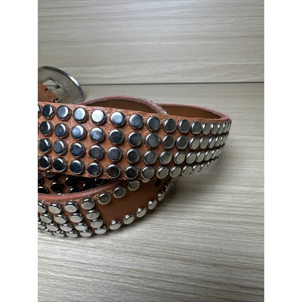 Vintage Statement Belt Womens A. Taylor Tan Silver Buckle Medium Studded‎ - Image 9