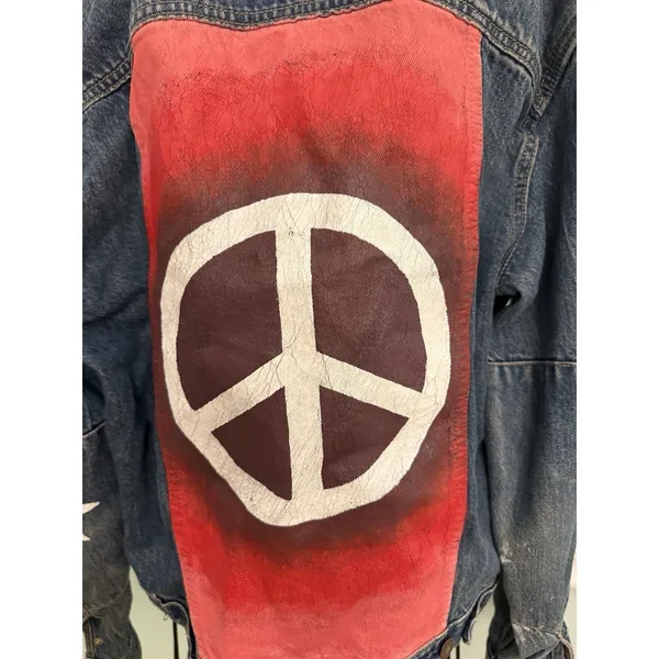Vtg 90’s Calvin‎ Klein Denim Jean Jacket Blue hippie SZ M Peace Daisy Painted - Image 3