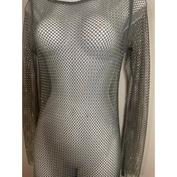House of Harlow 1960 Silver Rhinestone Fishnet Mesh Maxi Dress XS Long‎ Sleeve - Image 2