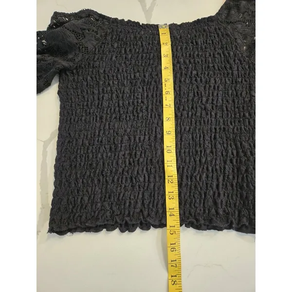 ​Crave Fame Y2K Black Smocked Lace Long Sleeve Notched Neck Boho Top Size XL - Image 5