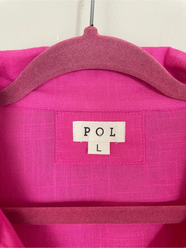 POL Bright Pink Embroidered Puff Short Sleeves Button-Front Blouse Size Large - Image 3