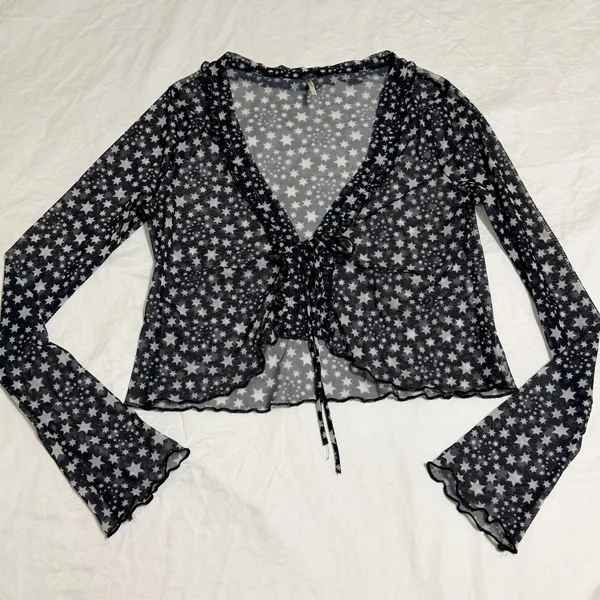 Free People Marne Star Sheer Mesh Top Women Small Black White Celestial Festival - Image 3