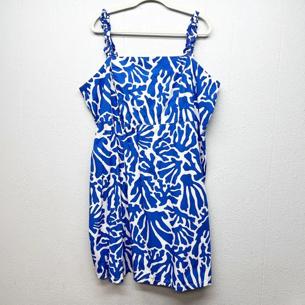 H&M Babydoll Midi Dress Womens XL Smocked Beachy Coastal Nautical Travel Island - Image 2