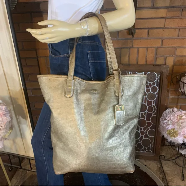 Lauren Ralph Lauren Gold Snakeskin-Embossed Leather Tote Bag - Image 3