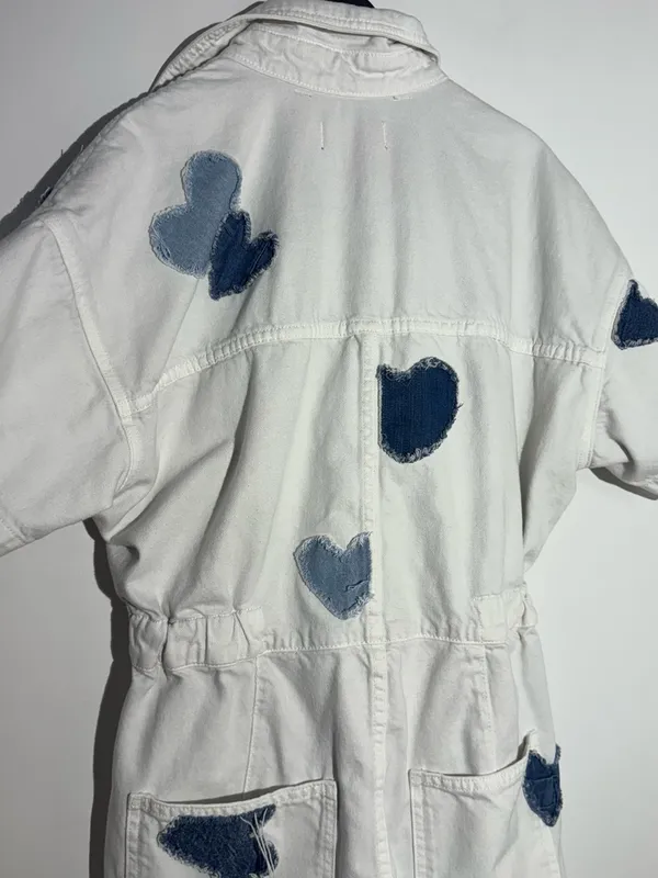 We The Free White Patchwork Denim Shortalls with Light Blue Heart Patch - Image 16