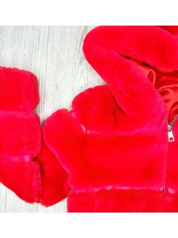 Red fluffy faux fur red long sleeve hooded cropped jacket coat small - Image 3