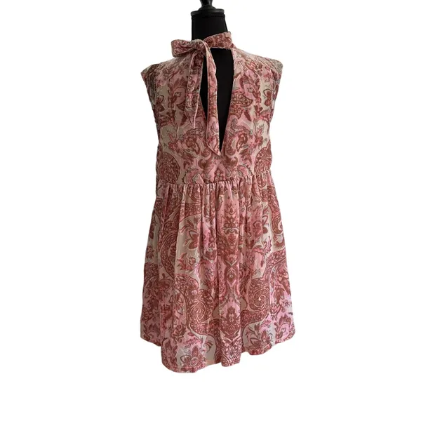 Paisley Boho Babydoll Mini Free People Dress Small Pink Velvet Burnout - Image 3