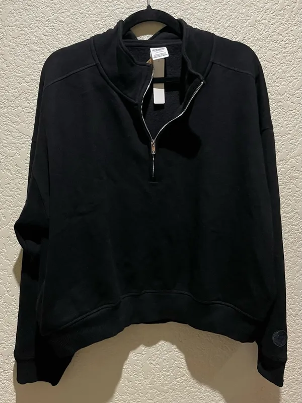 PINK - Victoria's Secret Half-Zip Pullover Sweatshirt in Black with Pockets Size L - Image 2