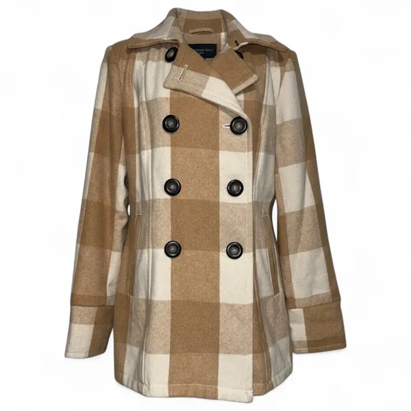 Bob Timberlake Plaid Wool Blend Pea Coat Women's Medium‎ Tan Beige Jacket - Image 3