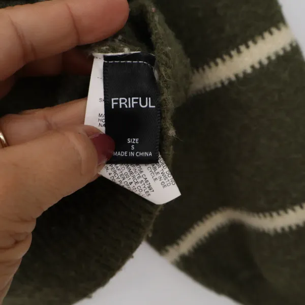 FRIFUL Sweater Womens S Pullover Olive Green Striped Knit Crew Neck Excellent - Image 2