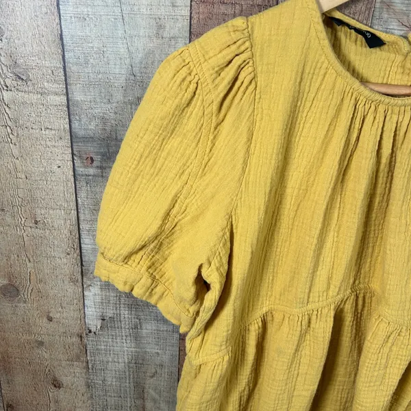 Dokotoo Gauze Babydoll Dress Large Mustard Yellow Puff Sleeve Cottagecore - Image 2