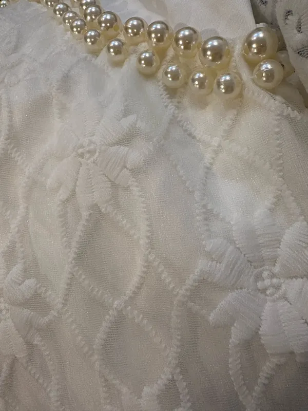 Elegant White Lined Lace & Pearl Long Sleeve Blouse - Coquette Style (Asian M) - Image 6