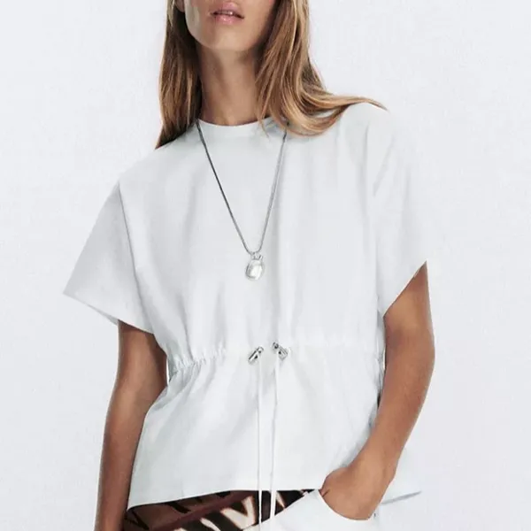 Zara NWT white heavy cotton tee shirt with drawstring waist peplum cinched waist - Image 3