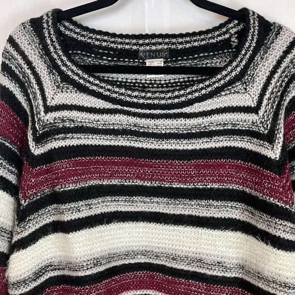VENUS Sweater Women's Medium Purple Black Oversized Striped Long Sleeve Pullover - Image 9