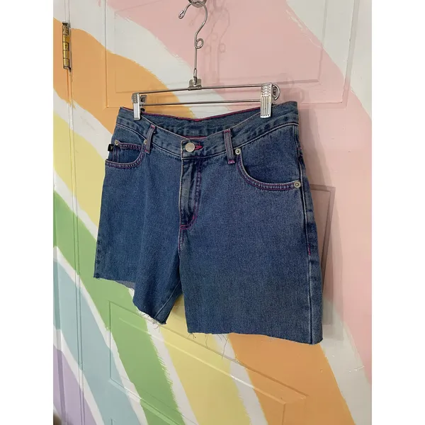 Playboy Bunny Denim Cutoff Shorts Pink Stitch Y2K Made USA Womens 7 - Image 5