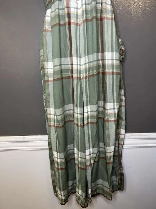 American Eagle Outfitters Jumpsuit Womens Small Green Plaid Smocked Pockets - Image 3